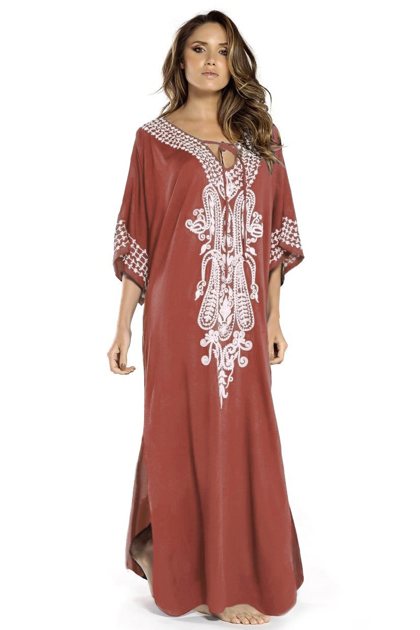 Embroidered Presidio Tassel Midi Dress Fuchsia