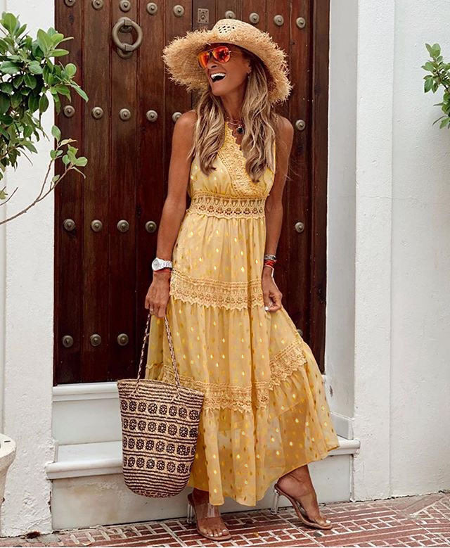 V Deep Plunge Sleeveless Chiffon Dress Stitching Midi Dress