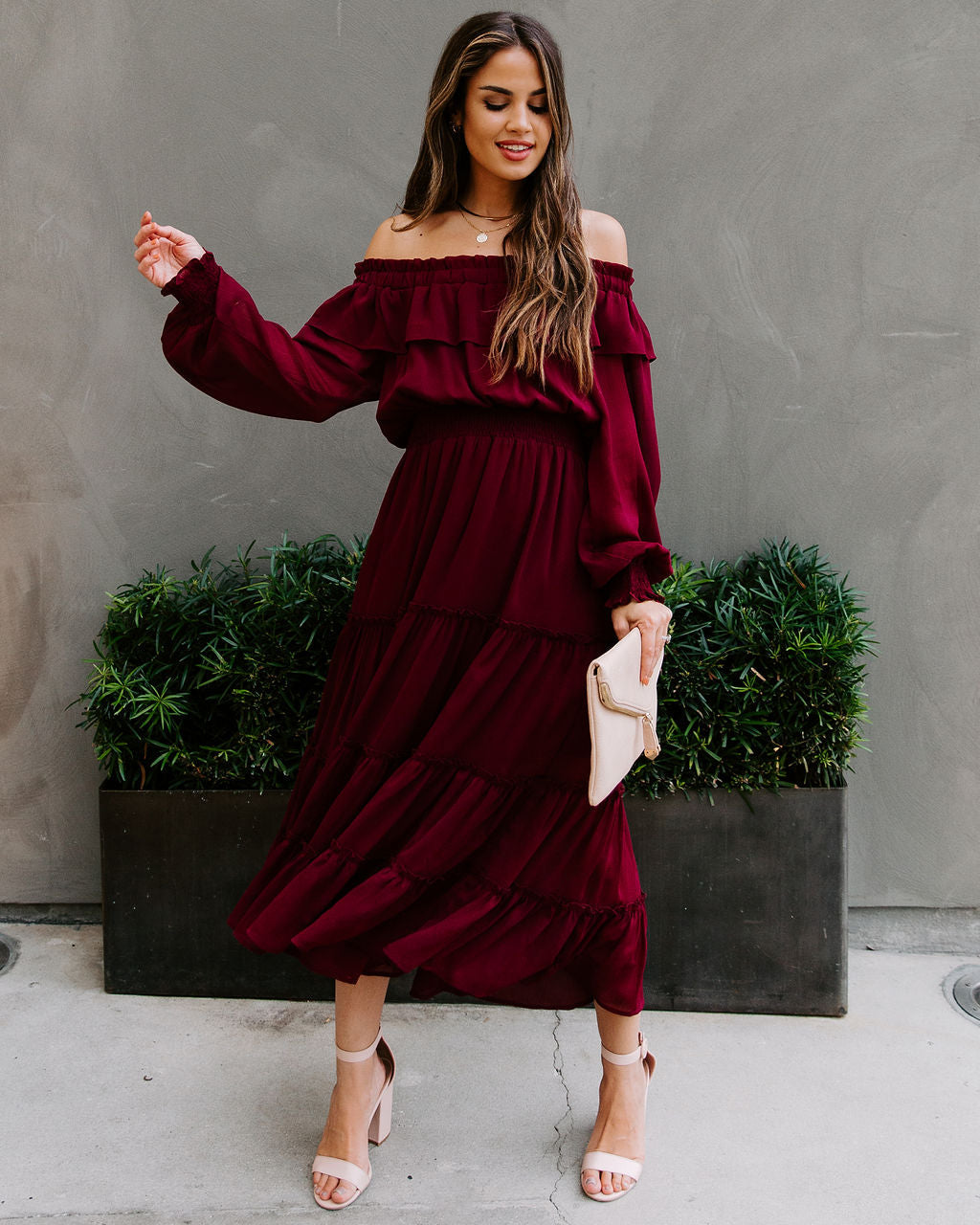 Off Alicia The Shoulder Tiered Midi Dress Burgundy