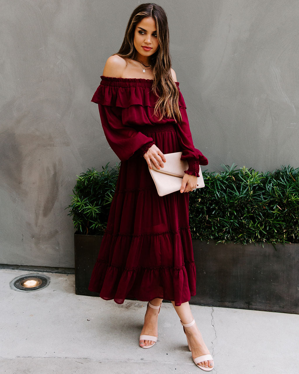 Off Alicia The Shoulder Tiered Midi Dress Burgundy