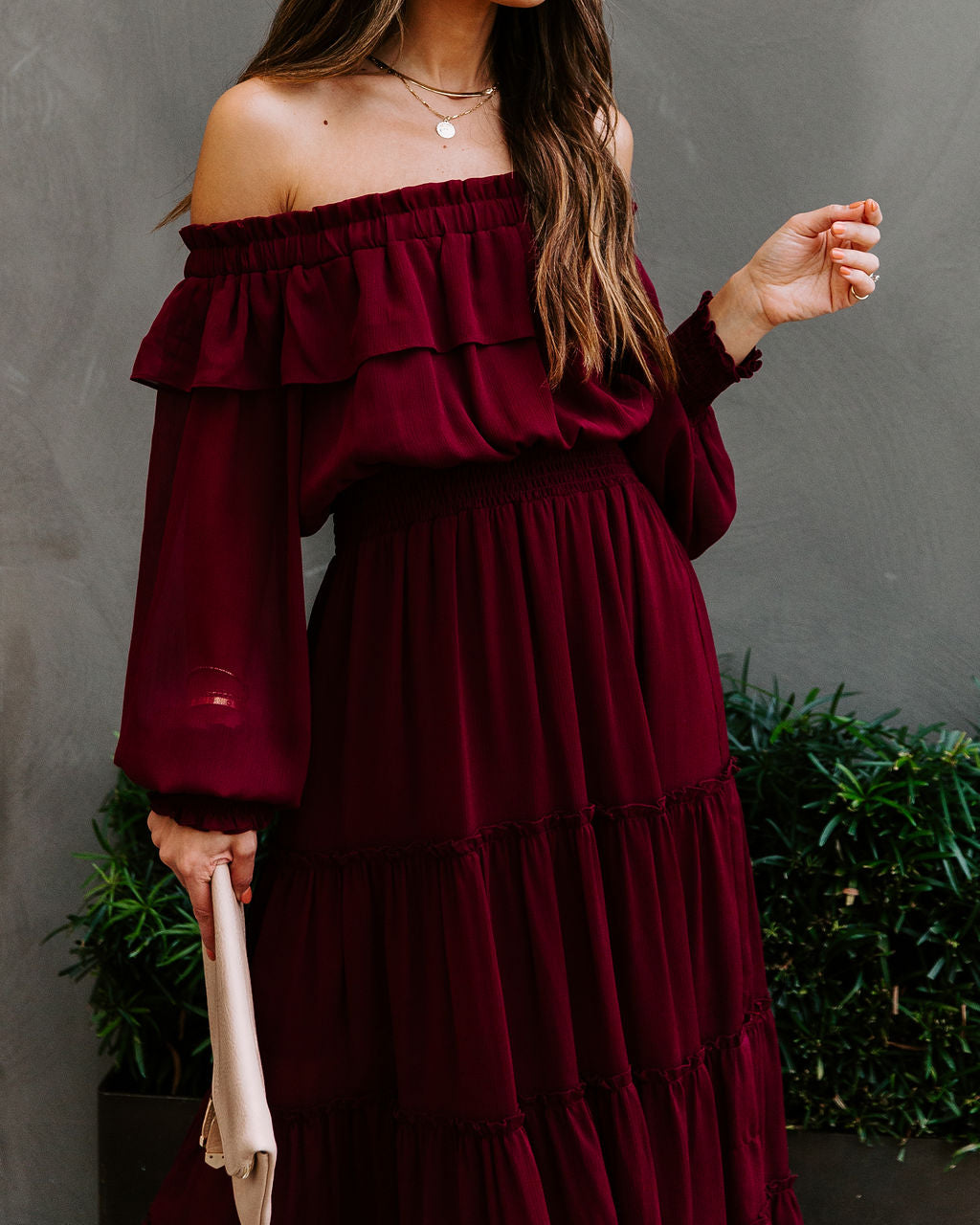Off Alicia The Shoulder Tiered Midi Dress Burgundy