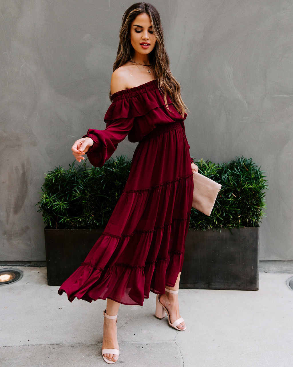 Off Alicia The Shoulder Tiered Midi Dress Burgundy