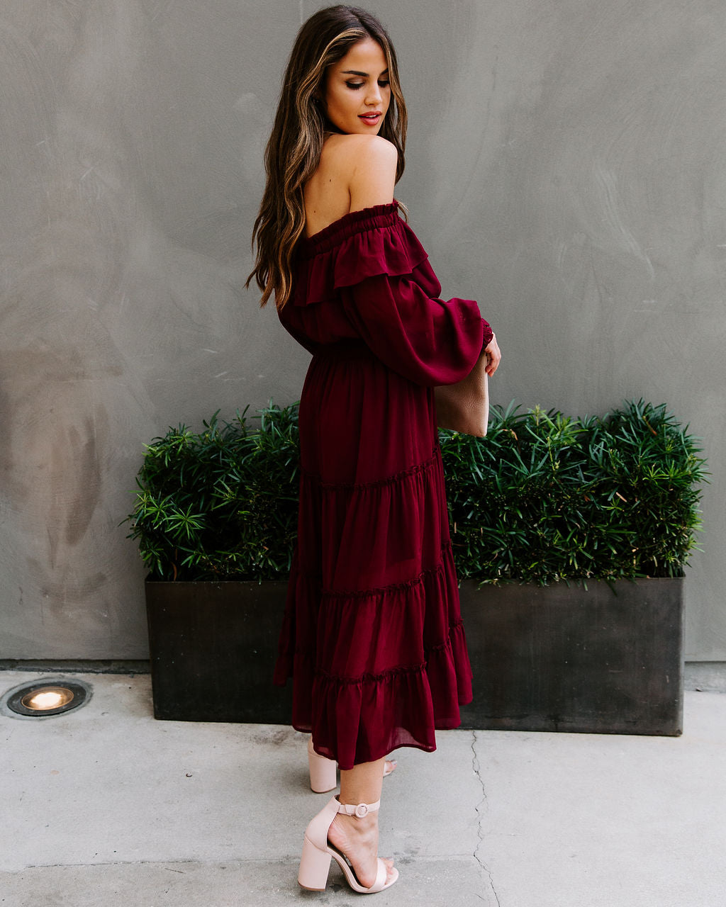 Off Alicia The Shoulder Tiered Midi Dress Burgundy