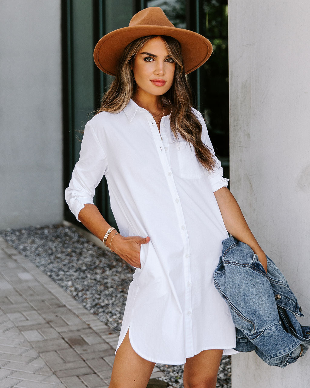 Business Risky Pocketed Button Down Shirt Dress White