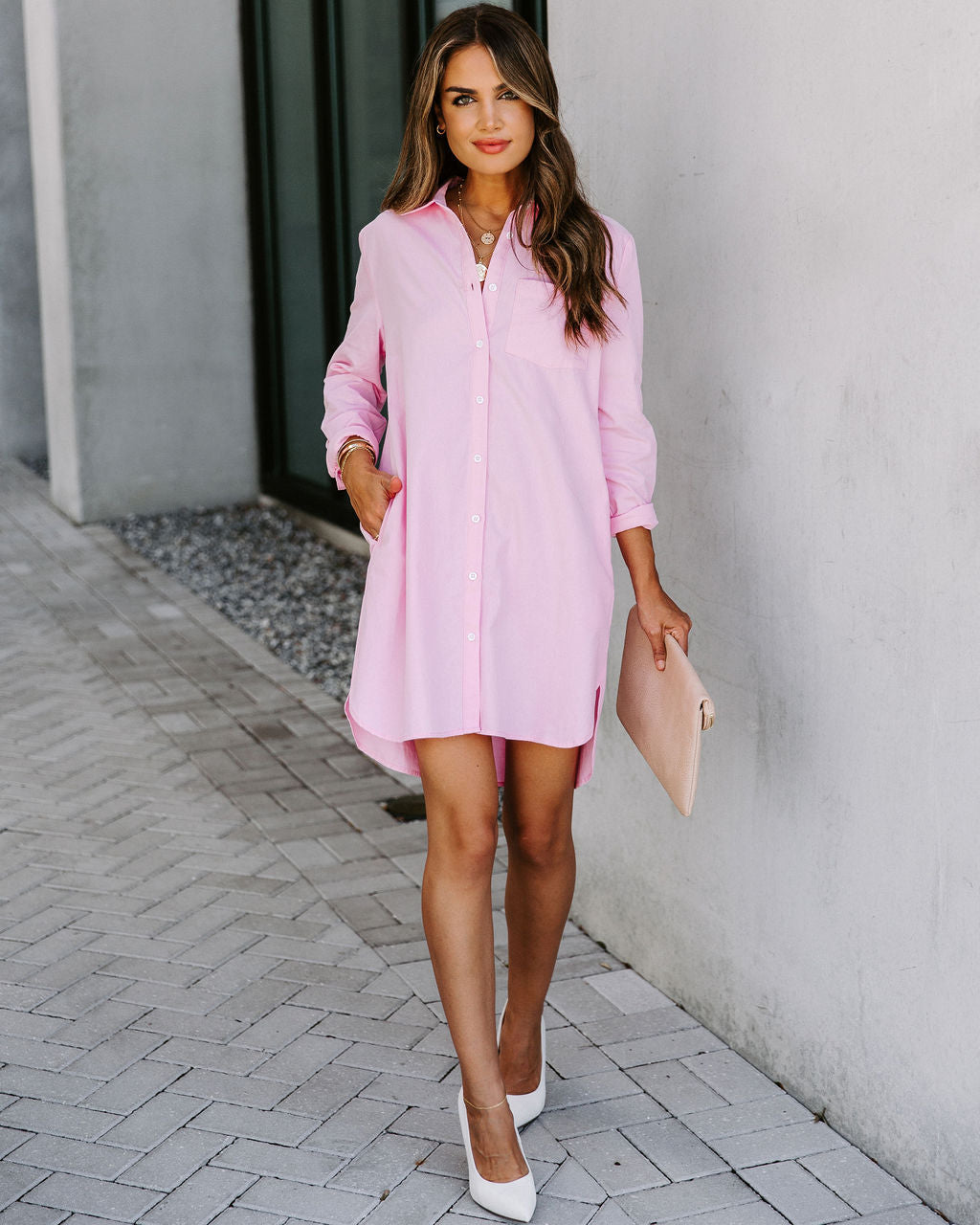 Business Risky Pocketed Button Down Shirt Dress Pink