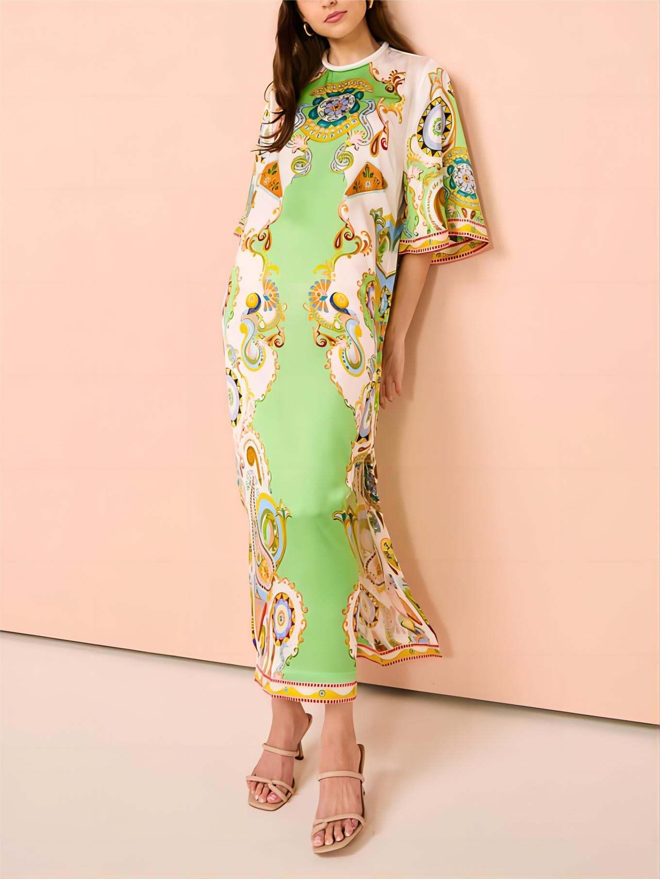Unique Cashew Bloom Print Loose Midi Dress