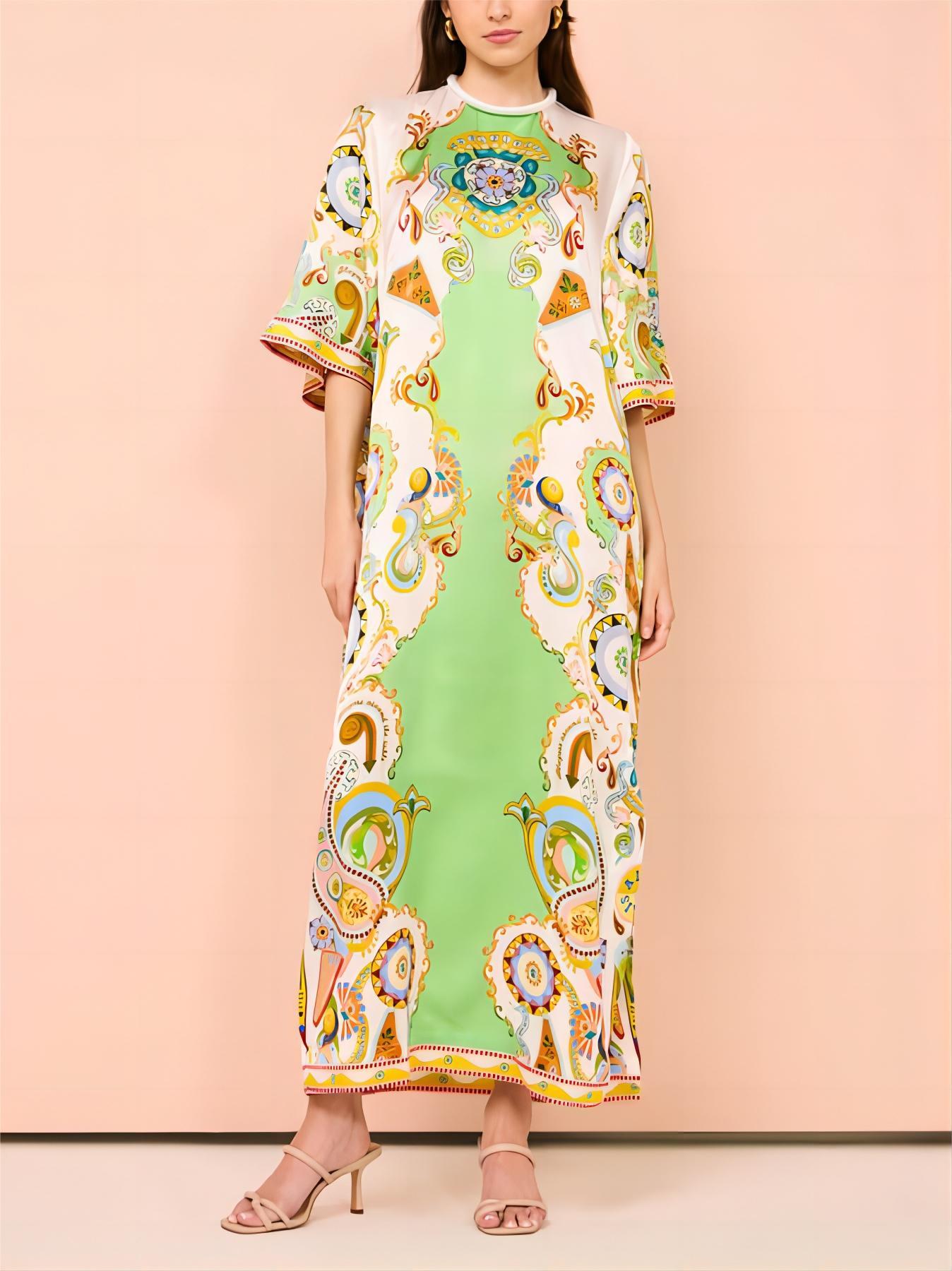 Unique Cashew Bloom Print Loose Midi Dress