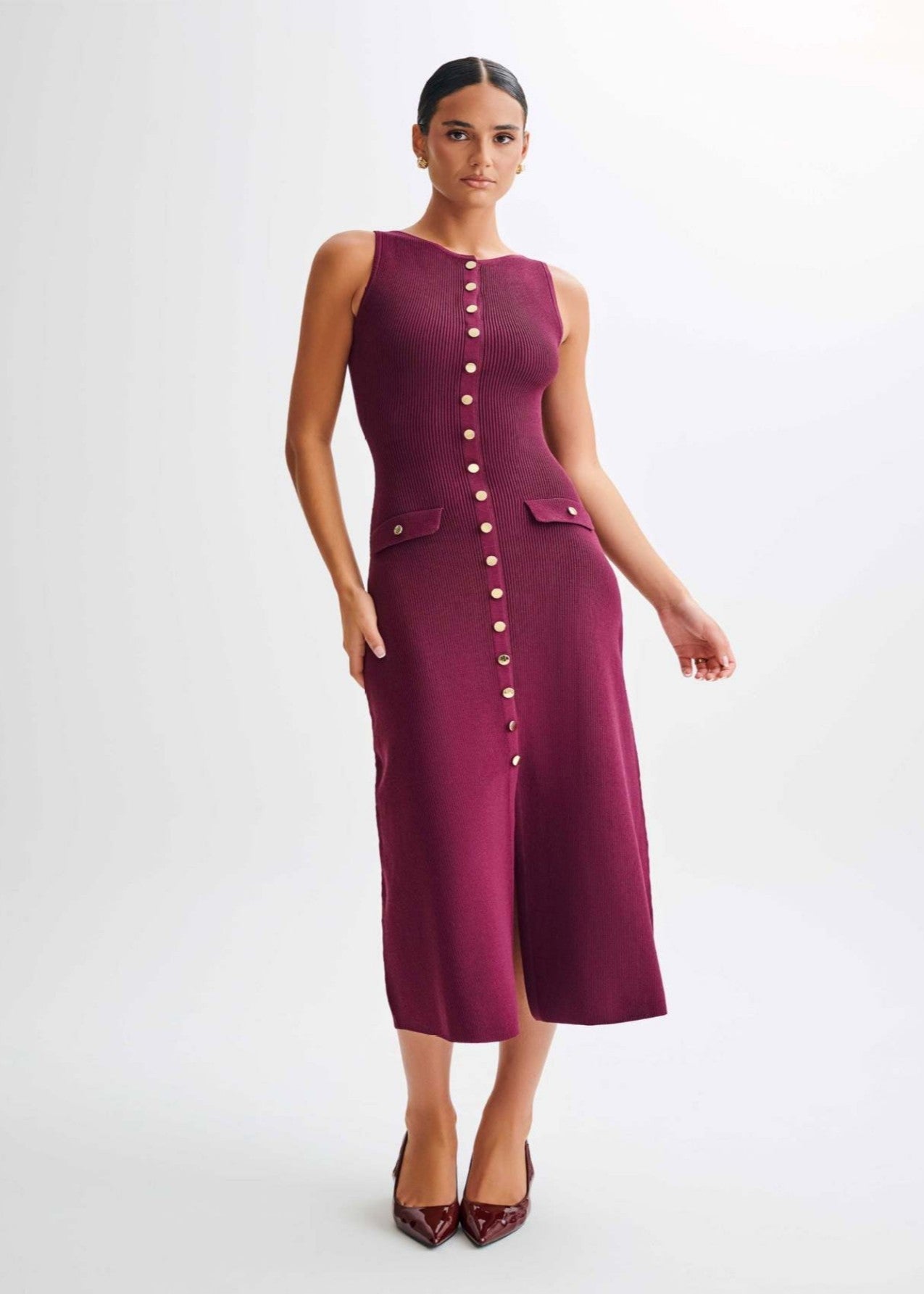 - Juliette Ribbed Knit Button Midi Dress