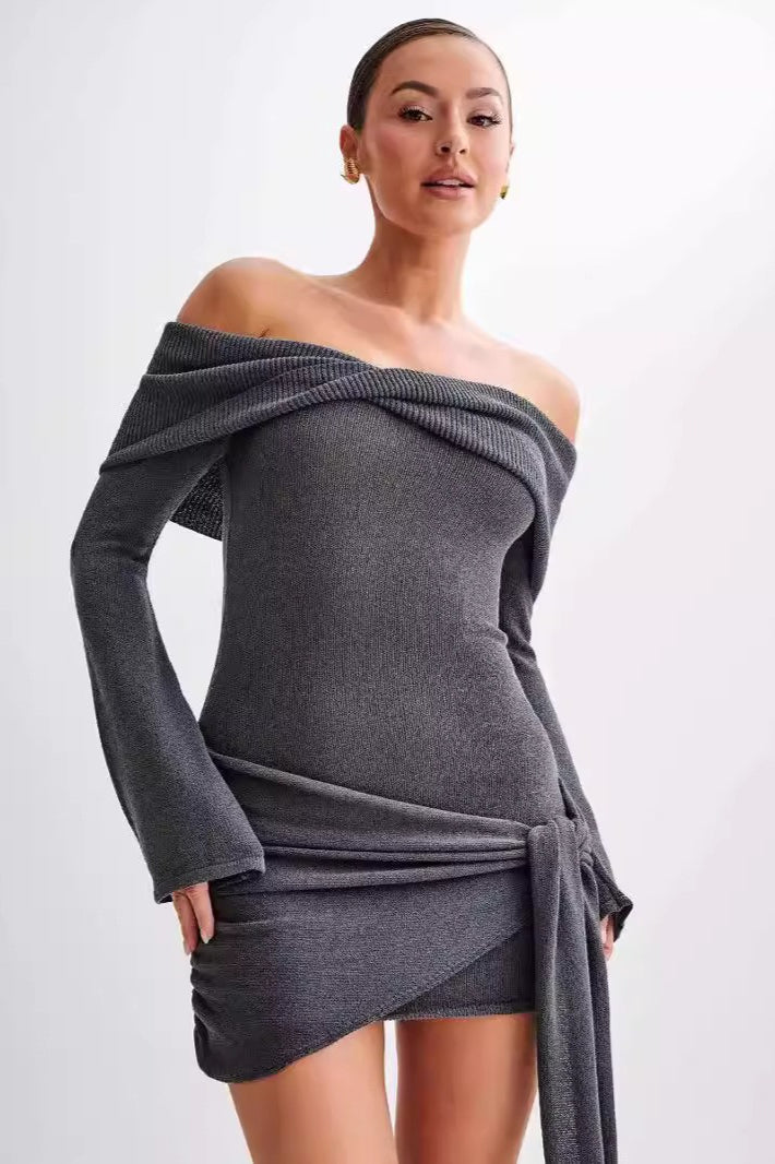 Sheer Edition Spaghetti Strap OffShoulder Fitted Knit Maxi Sweater Dress
