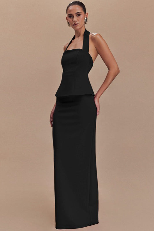 Solid Halter Backless Maxi Elegant Dress
