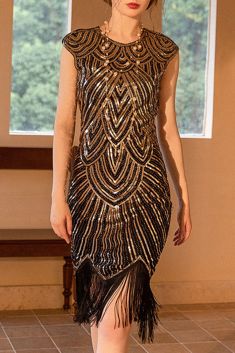 Gatsby 1920s Round Neck Fitted Sequin Fringe Flapper Midi Dress - Gold