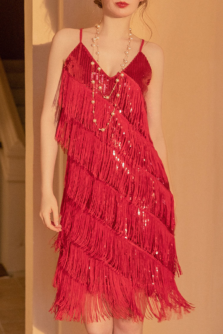 Gatsby 1920s V Neck Sequined Layered Fringe Flapper Midi Dress - Red