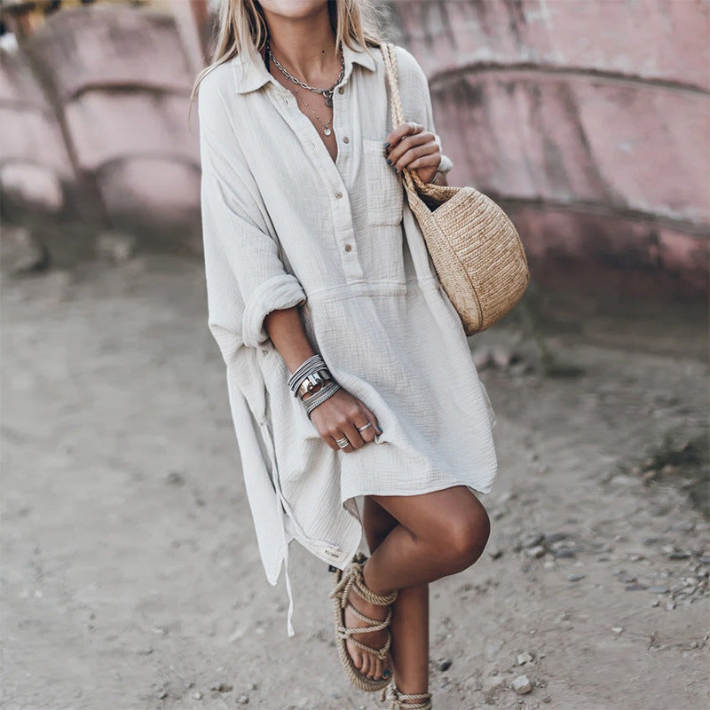 Cotton Remy Pocketed Shirt Dress Off White