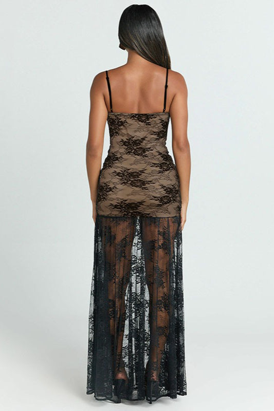 Sheer Edition Ruched Split Cami Maxi Lace Dress