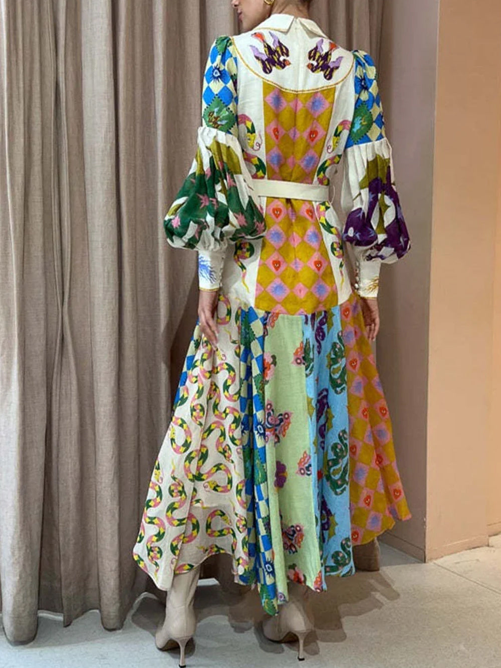 Trend Graffiti Balloon Sleeve Long Irregular Dress