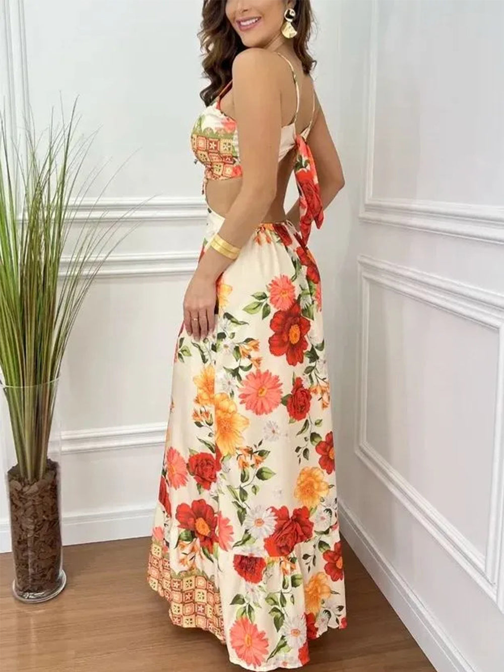 Alluring Hollow Backless Slim Print Dress