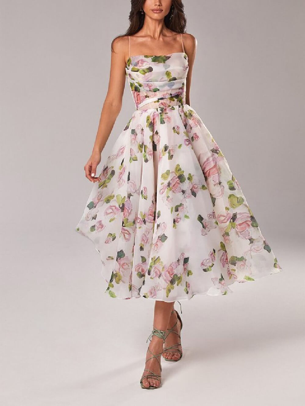 Sleeveless Strapless Printed Swing Midi Dress