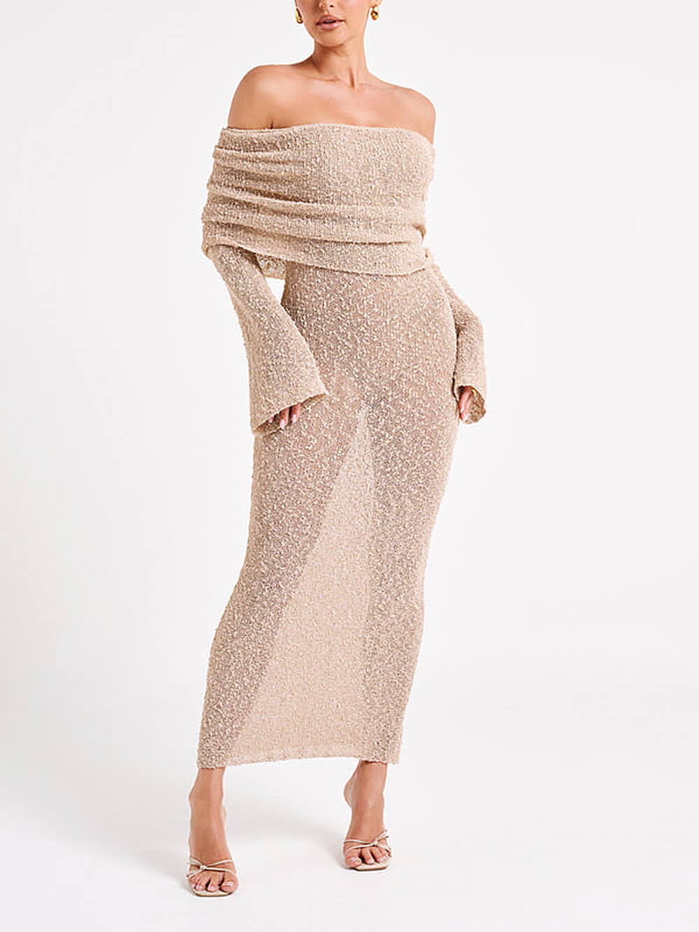 Shoulder Off Boucle Maxi Dress