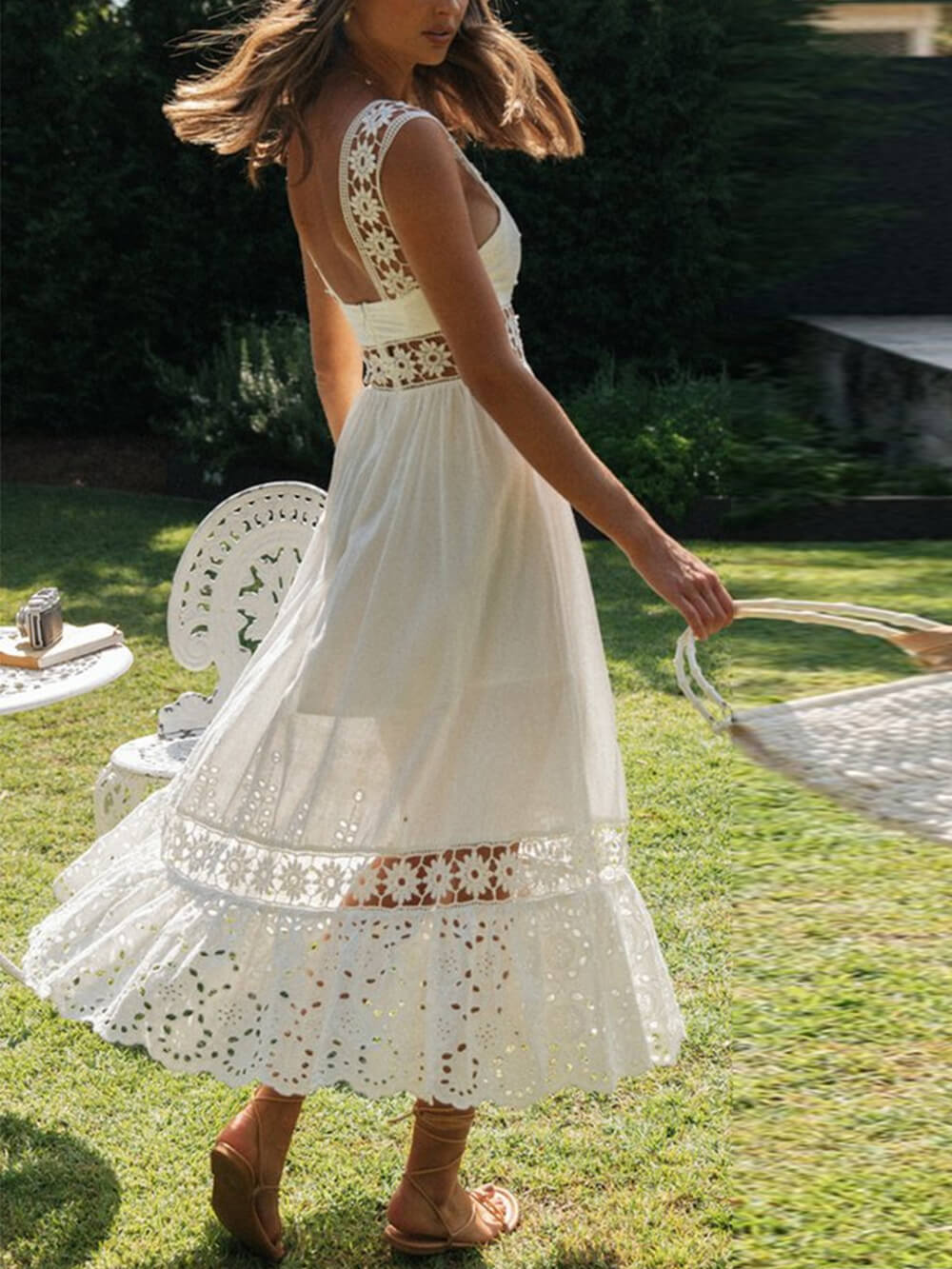 Lace Long Paneled Midi Dress With Full Hem