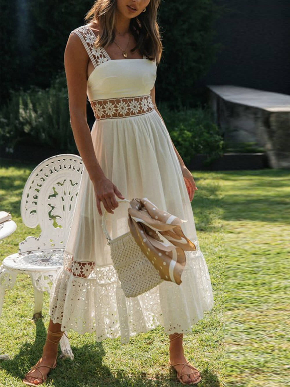 Lace Long Paneled Midi Dress With Full Hem