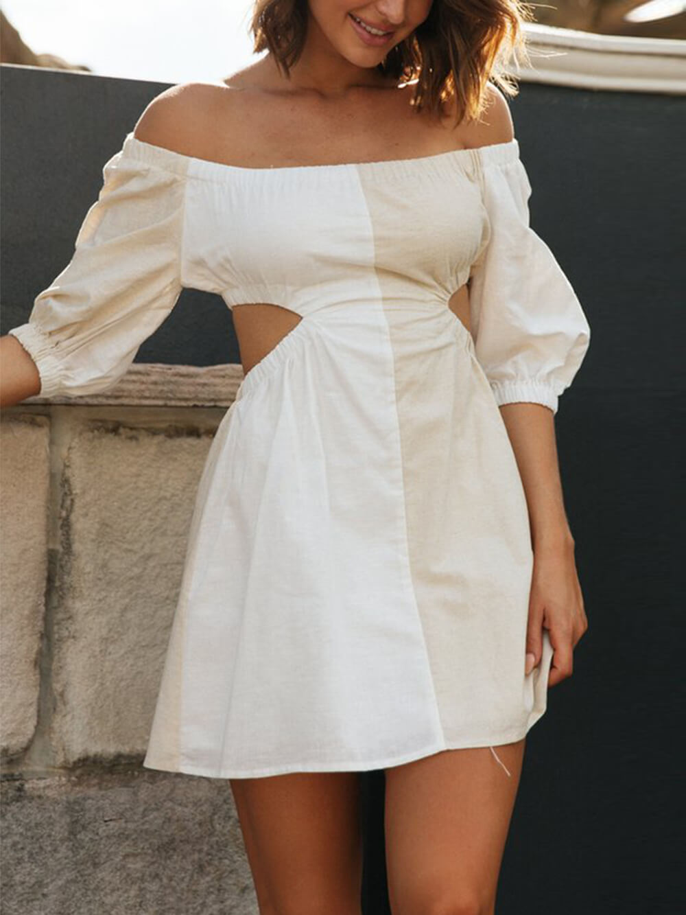 Shoulder One Off Waist Balloon Sleeve Mini Dress