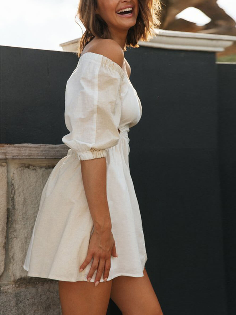 Shoulder One Off Waist Balloon Sleeve Mini Dress