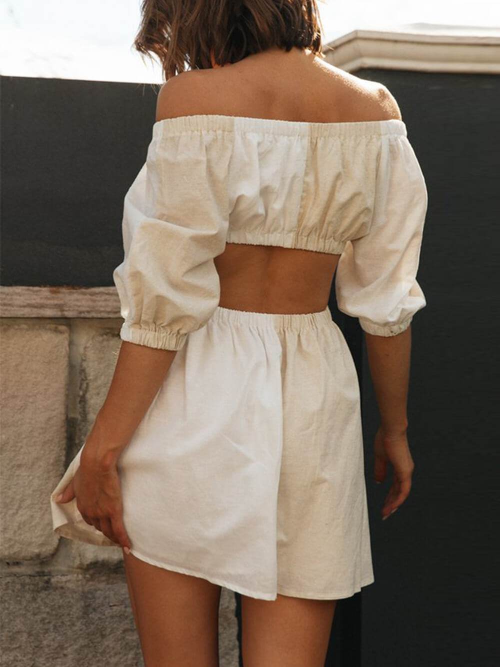 Shoulder One Off Waist Balloon Sleeve Mini Dress