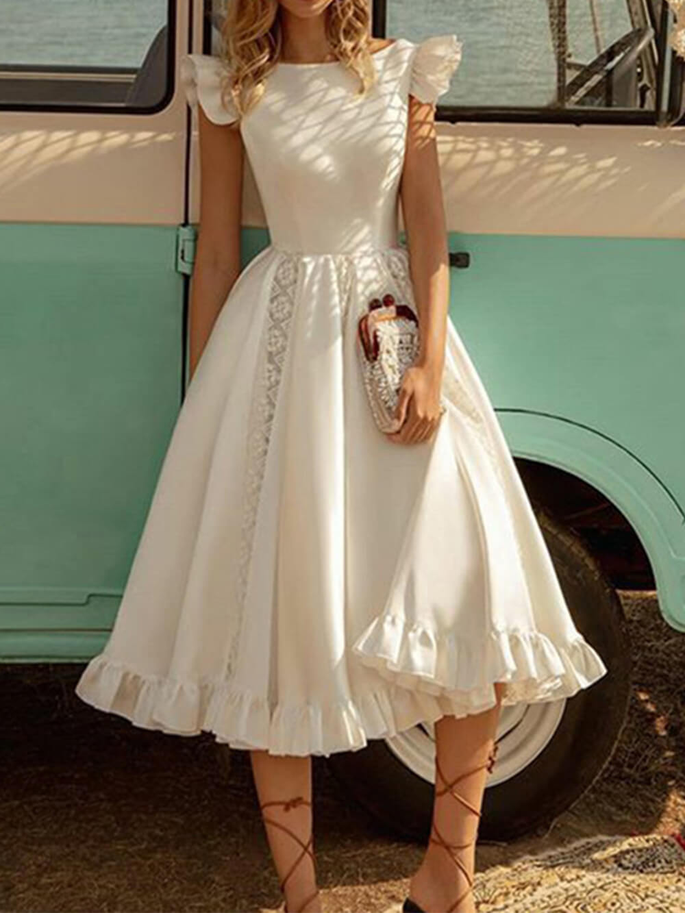 Solid Color Graceful Puff Midi Dress
