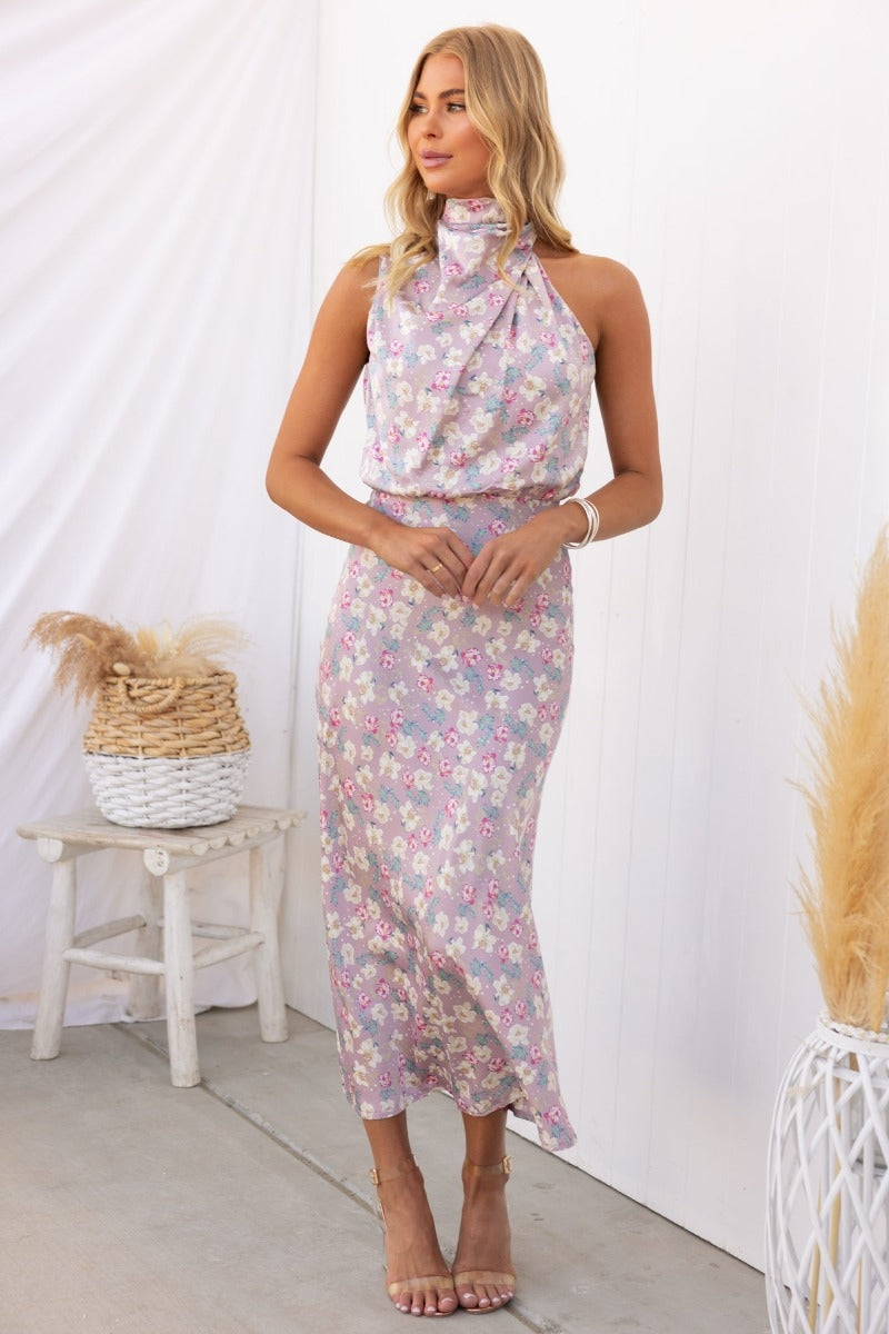 Wine Country Dates Bloom Halter Neck Elastic Waist Maxi Dress