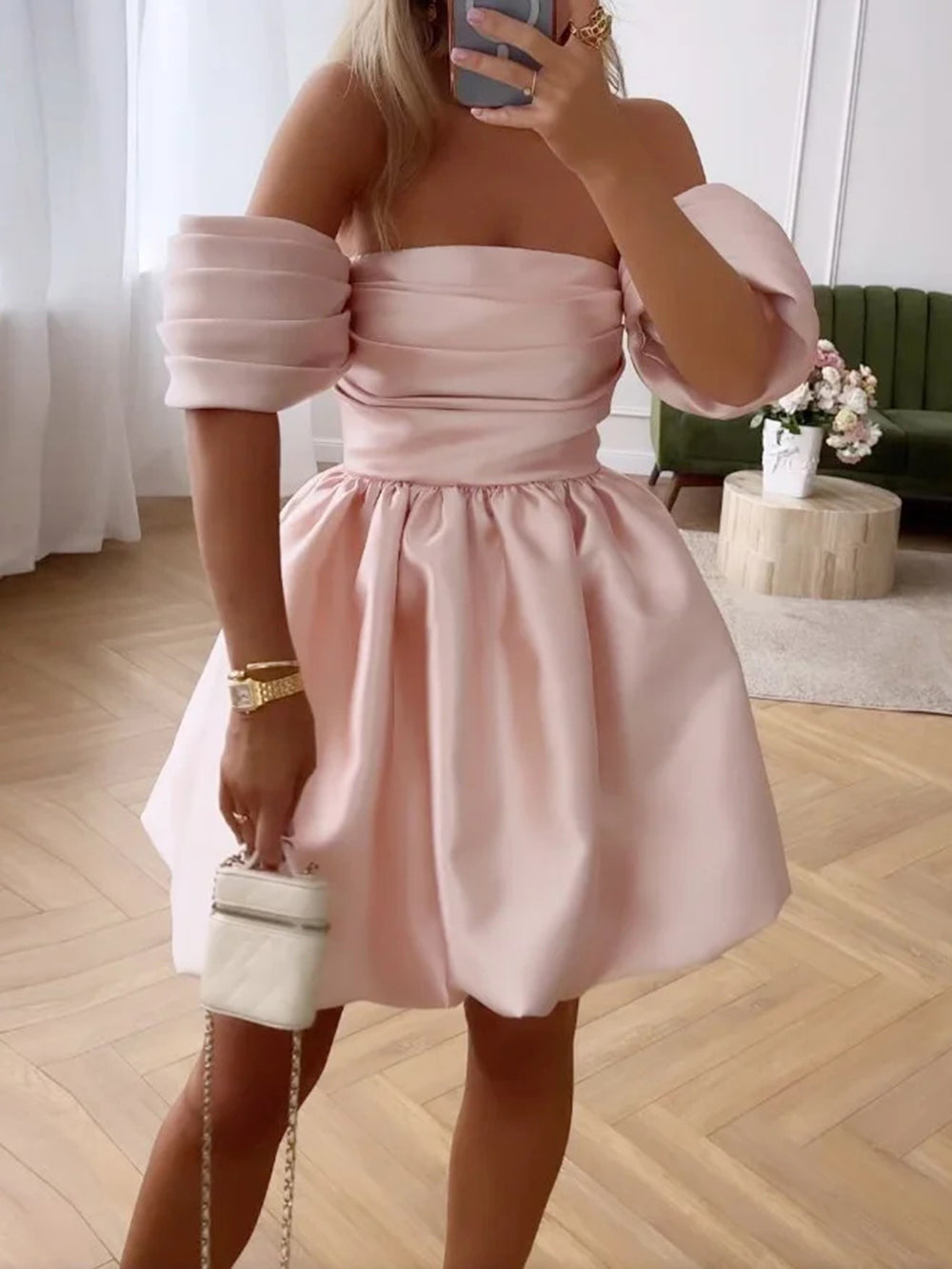 Shoulder One Puff Sleeve Solid Color Dress