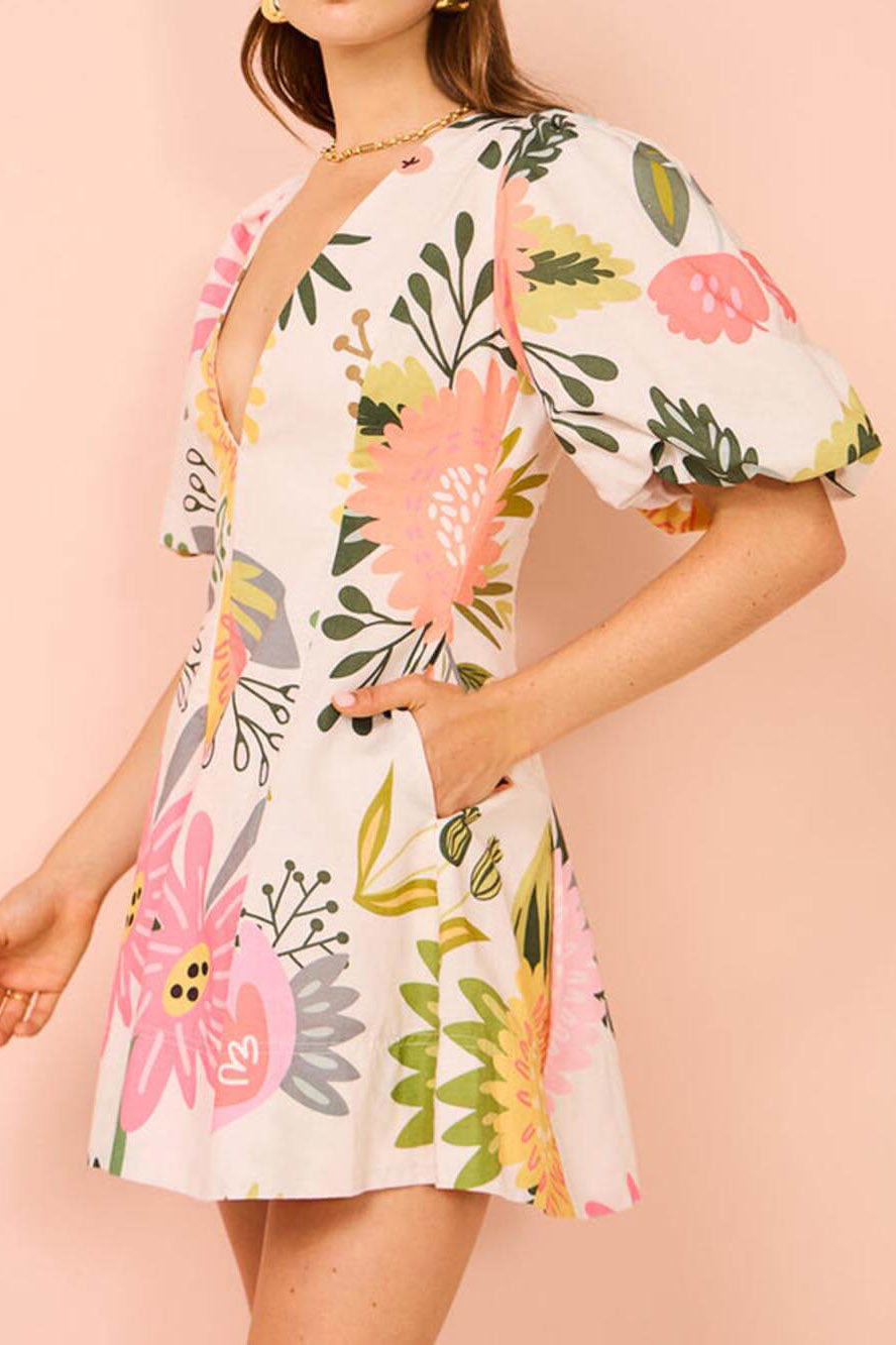 Raquel Statement Bloom Print Mini Dress with Puff Sleeves and Pockets Evening Wear Edit