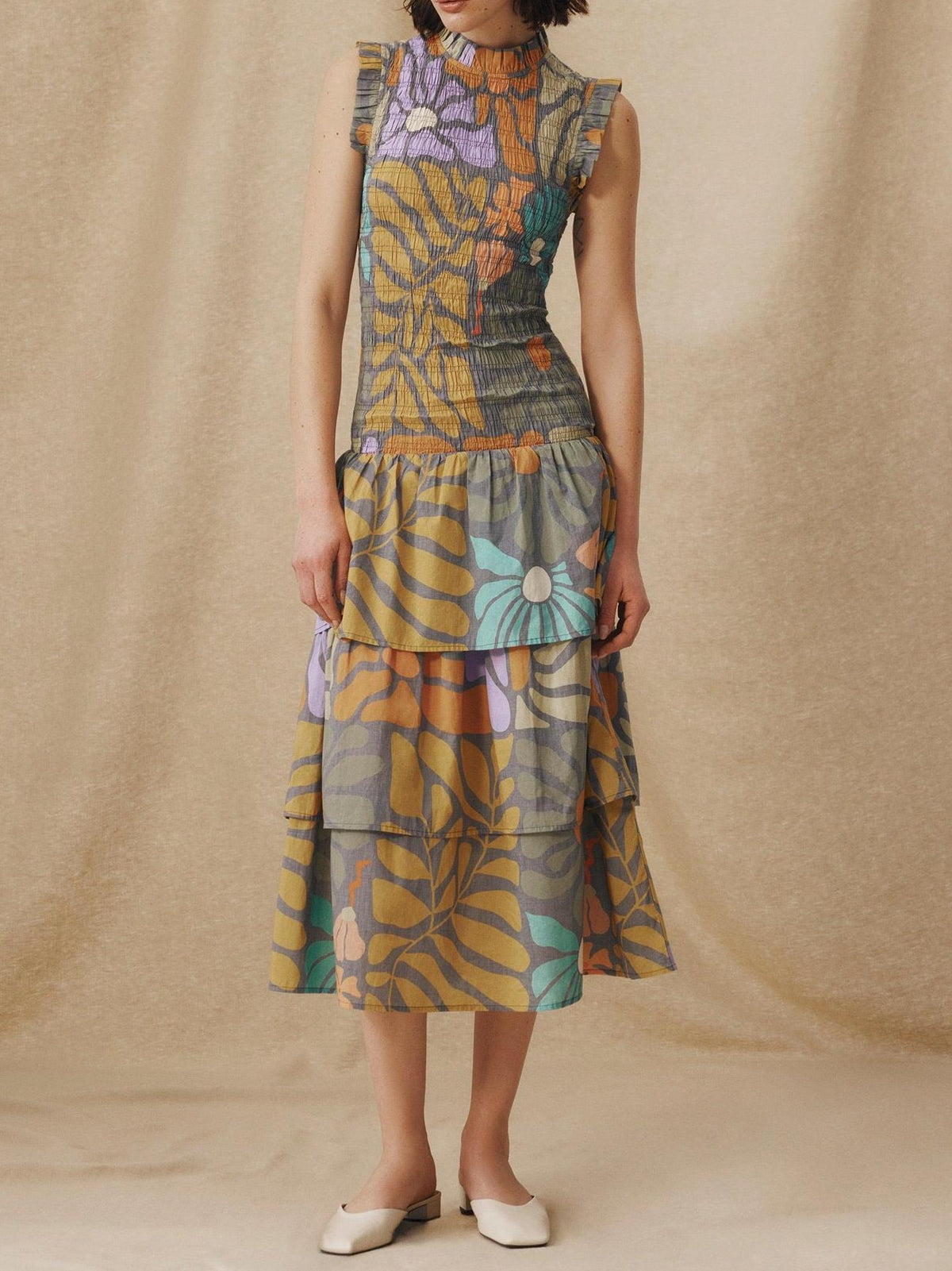 Botanical Multicolor Print Midi Dress