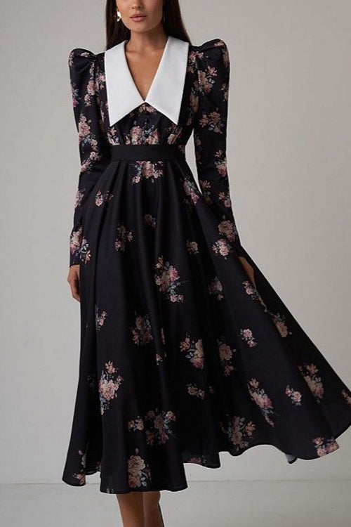 Flared Classic Print Slim Waist Floral Maxi Dress