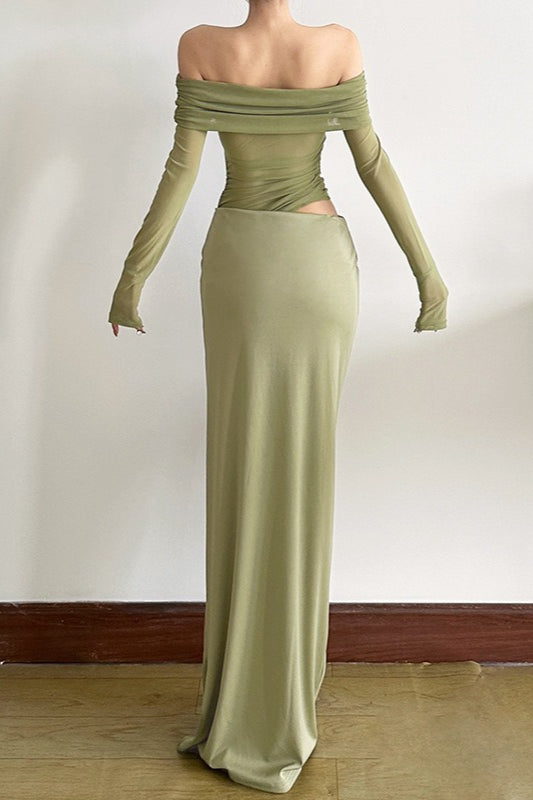 Off Shoulder Sheer Tulle Mesh Slim Fit Graceful Prom Dress