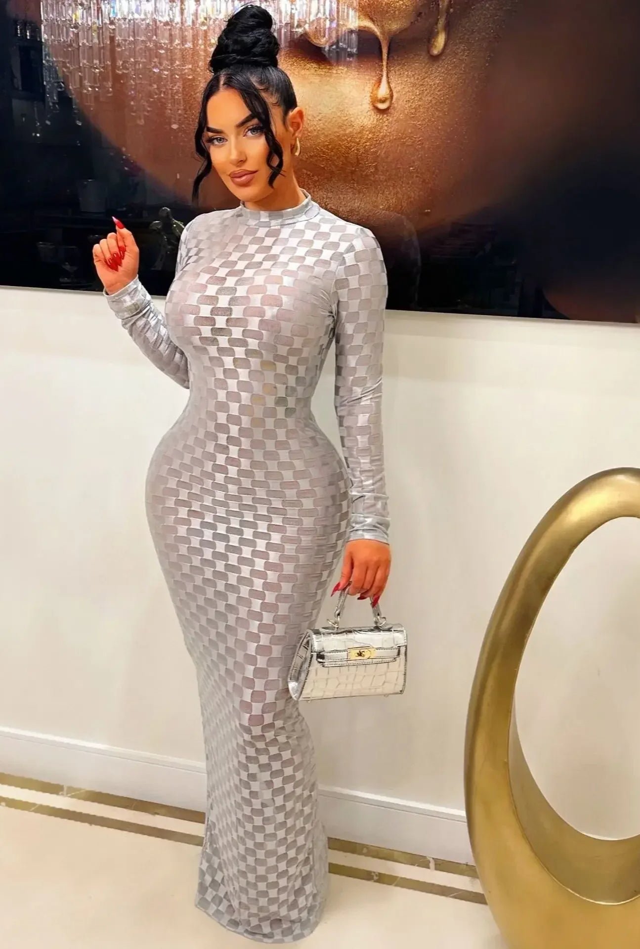 Plaid Edition Mesh Bodycon Maxi Dress