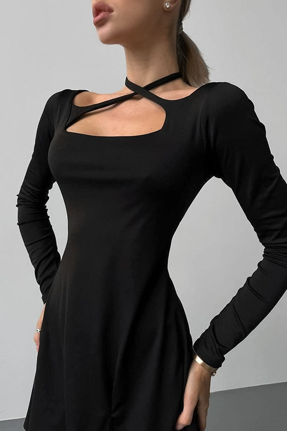 Knit Black Square Neck Mini Dress