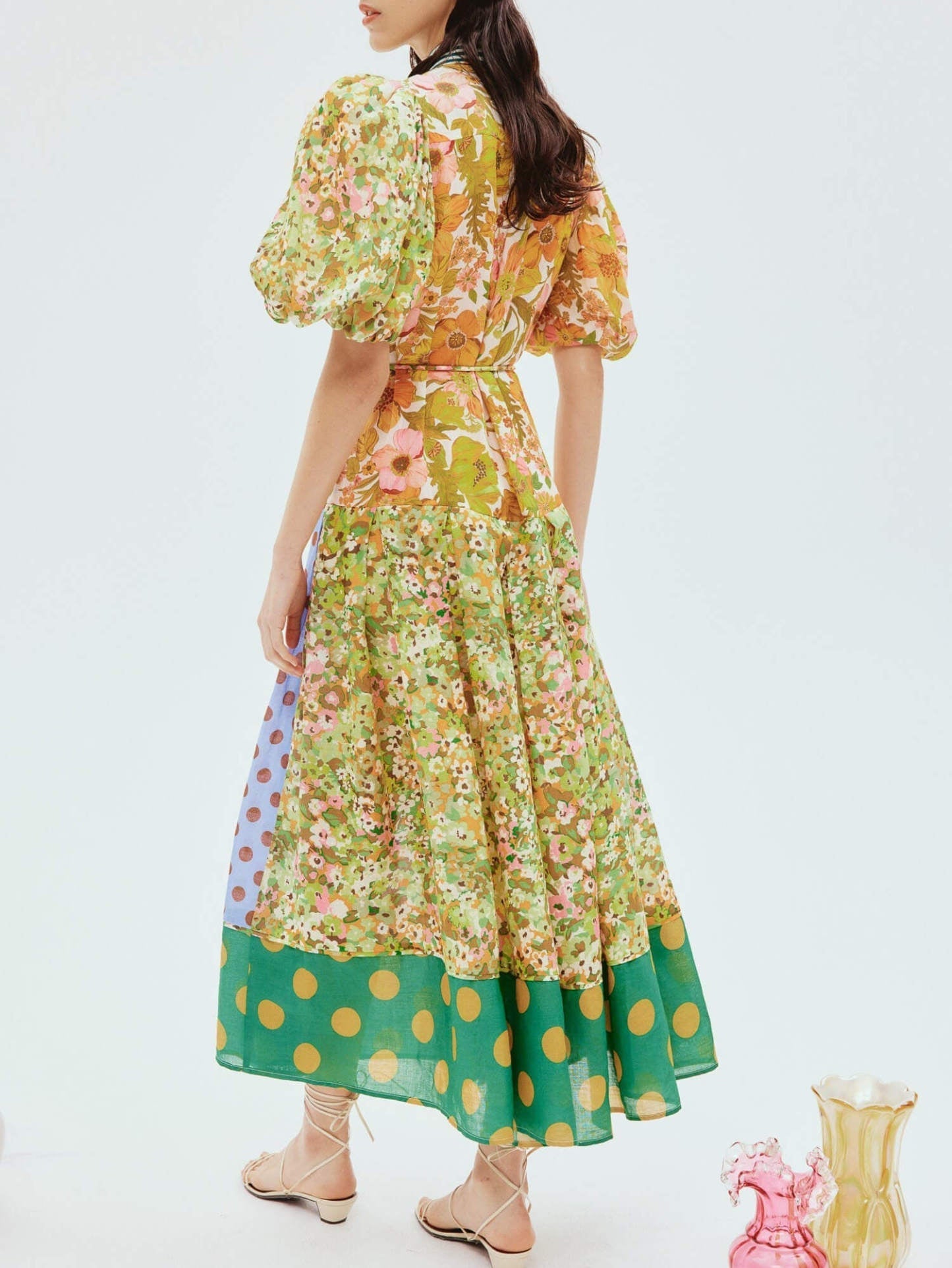 Exquisite Retro Bloom Print Puff Sleeve Midi Dress
