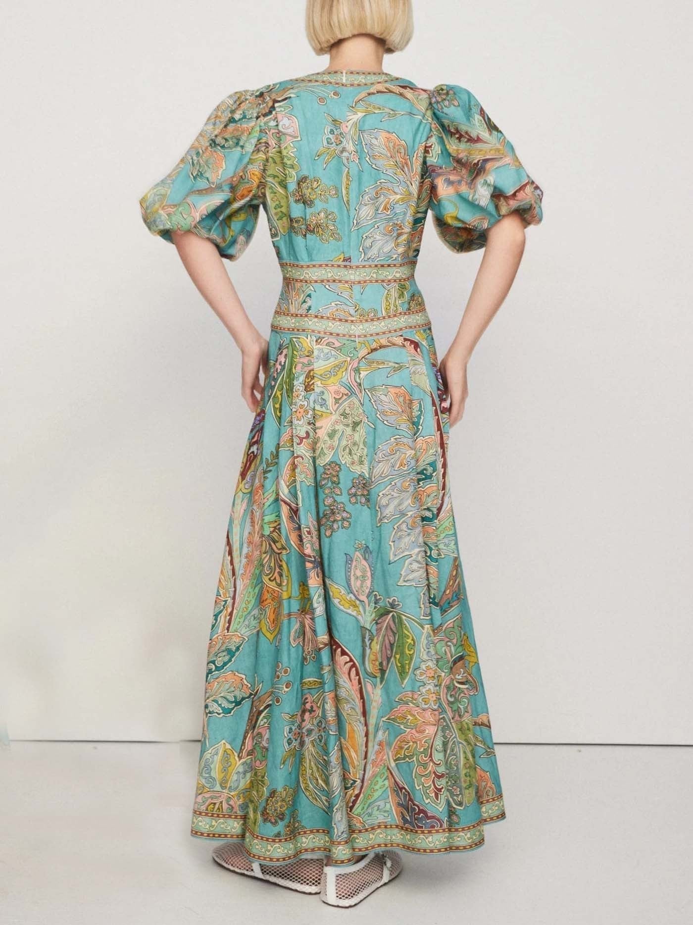 Unique Satin Vintage Bloom Print Puff Sleeve Midi Dress