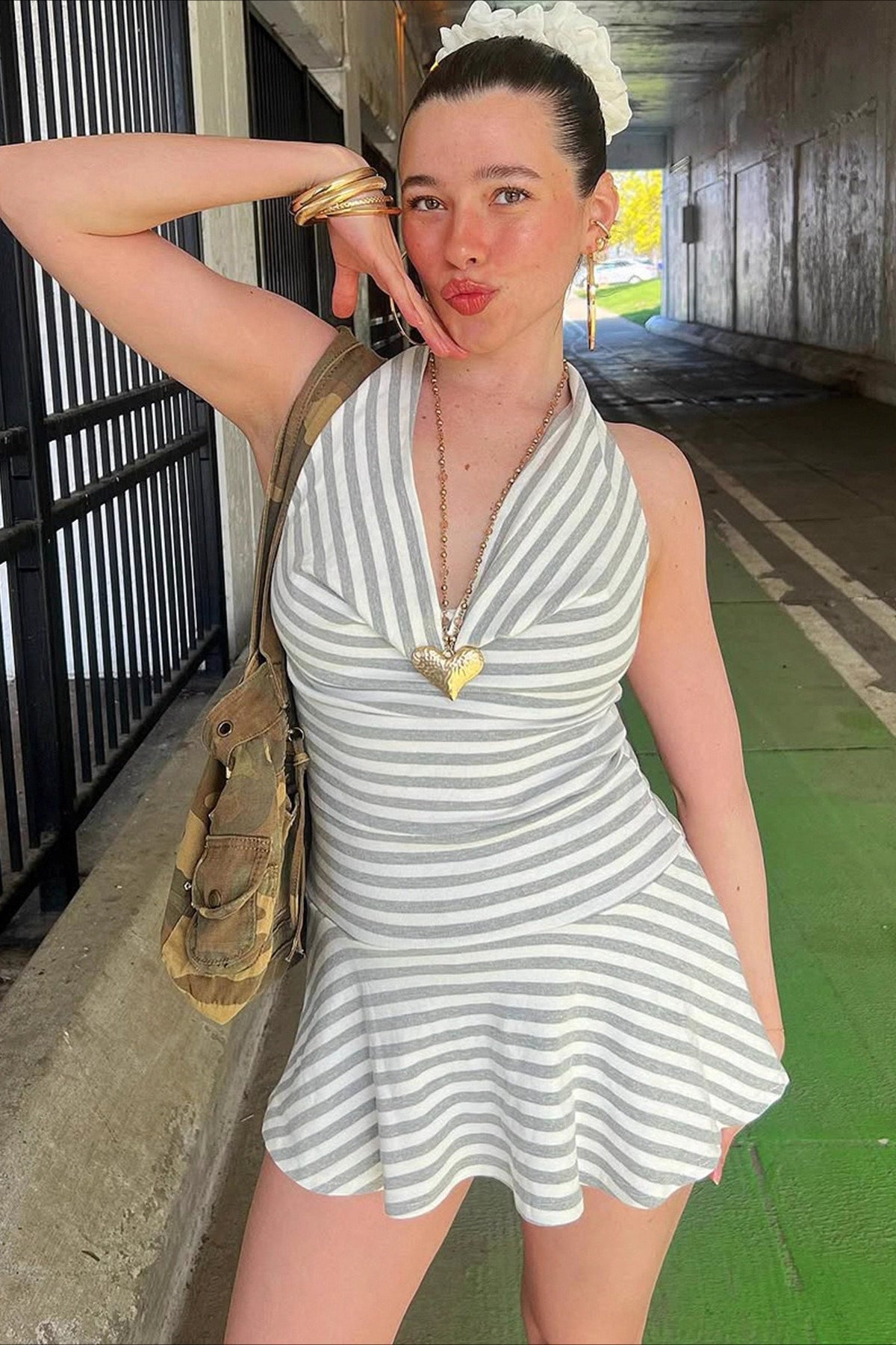 Halter Striped Cowl Neck Mini Dress