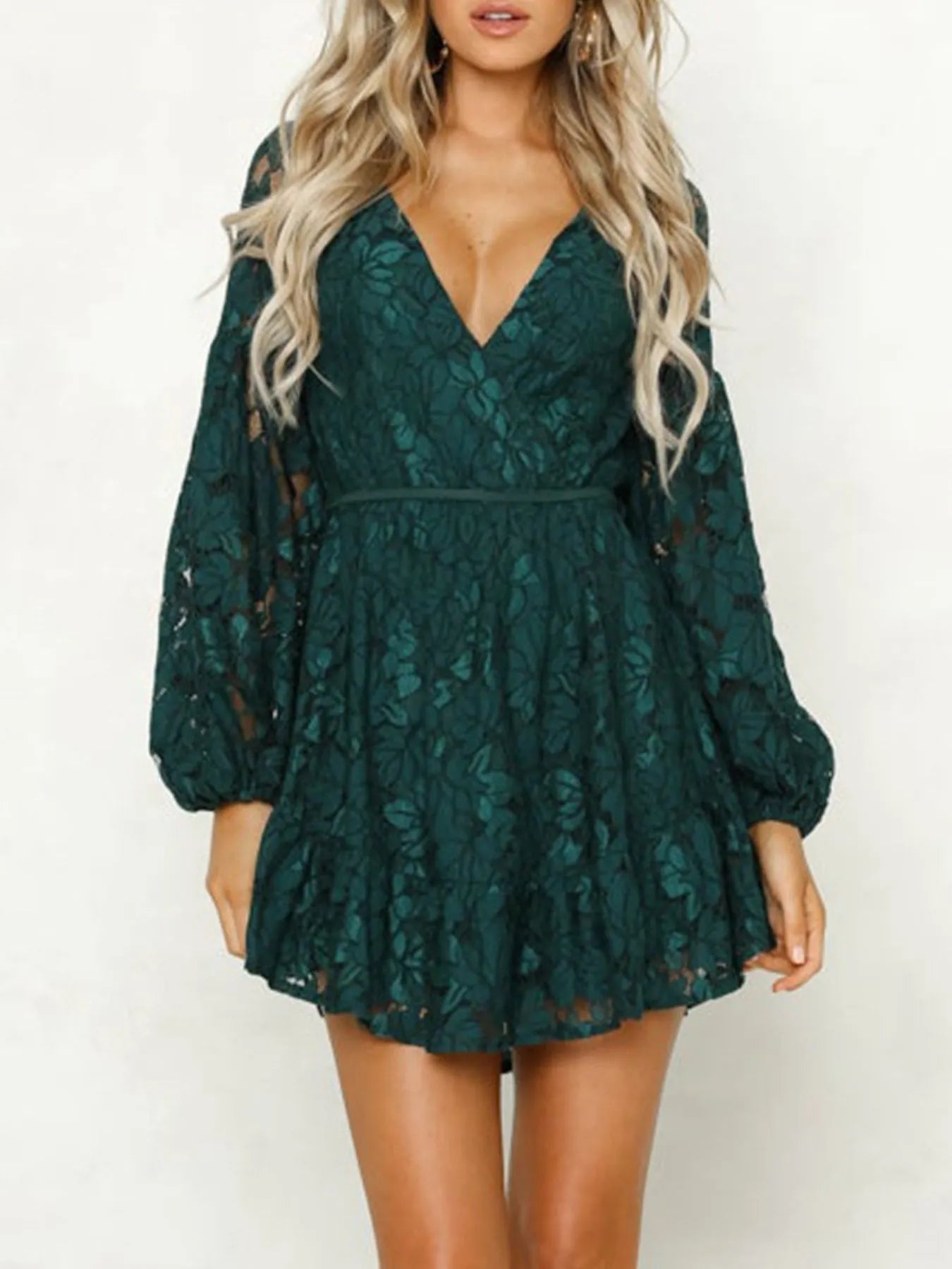 Exclusive Petra Chic Long Sleeved Lace Mini Dress with Deep V Neckline Designer Edit