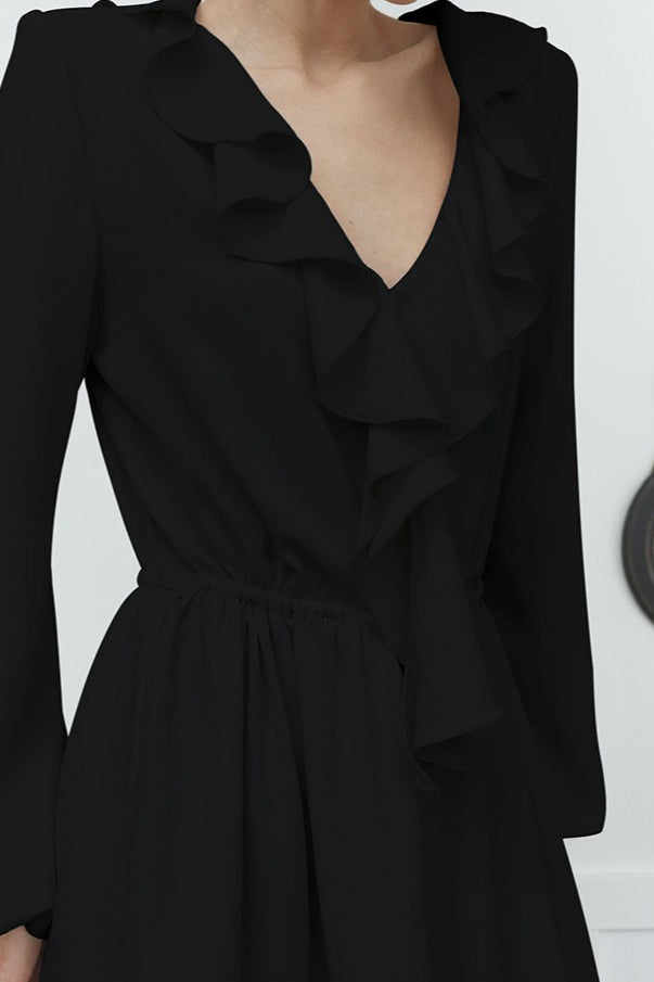 Ruffled Chiffon V Neck Midi Dress