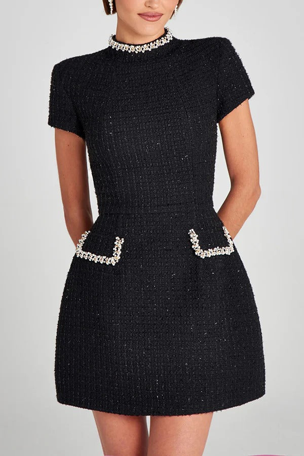 Timeless Leslie Exquisite and Playful Mini Dress Made of Tweed Fabric with Beaded Trim, Short Sleeves and Pockets Elevated Occasion Wear