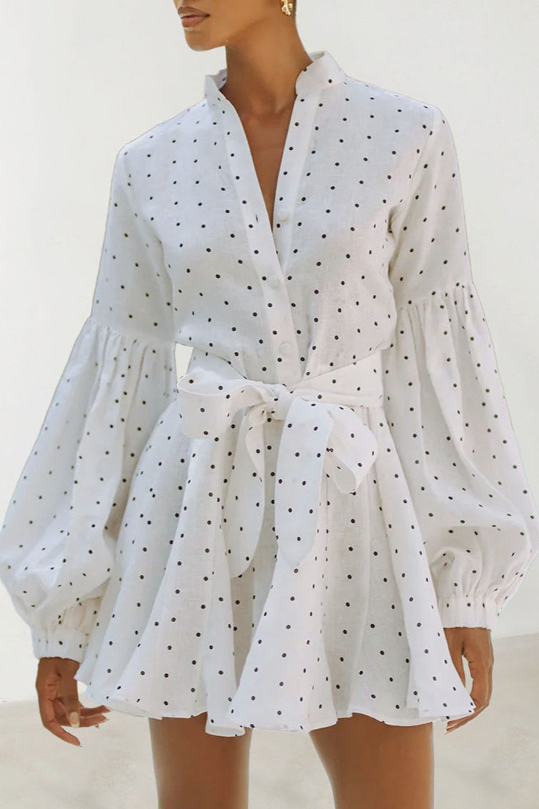 Dot Polka Lantern Sleeve Tie Mini Dress