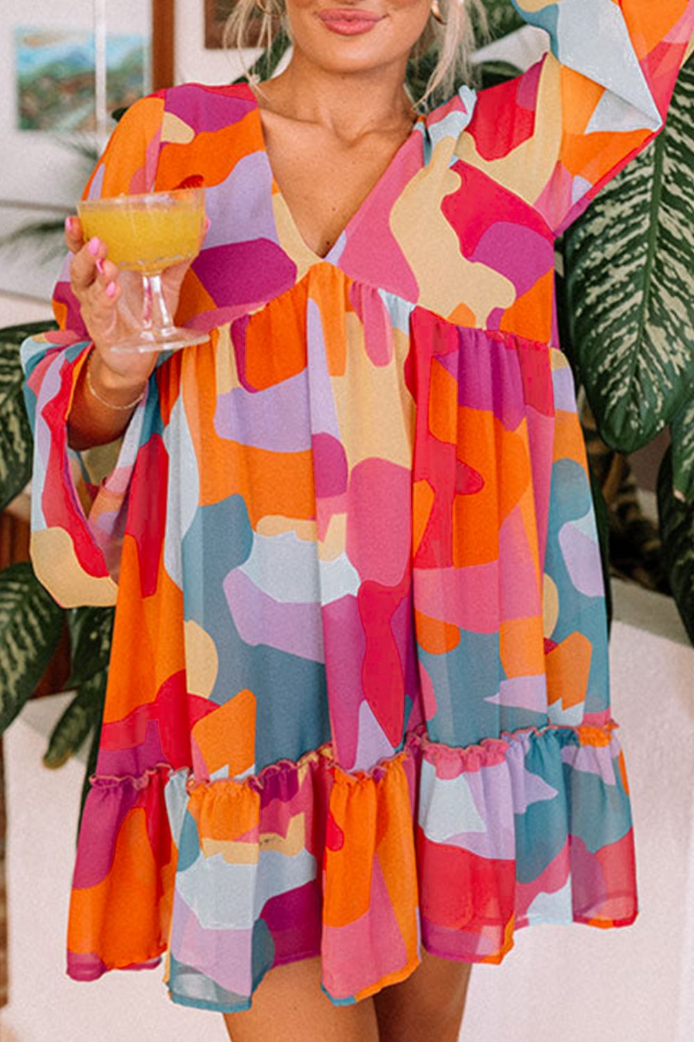 Effortless Laura Long Sleeve Mini Dress with Ruffle Hem and Color Block V Neck Statement Occasion Edit