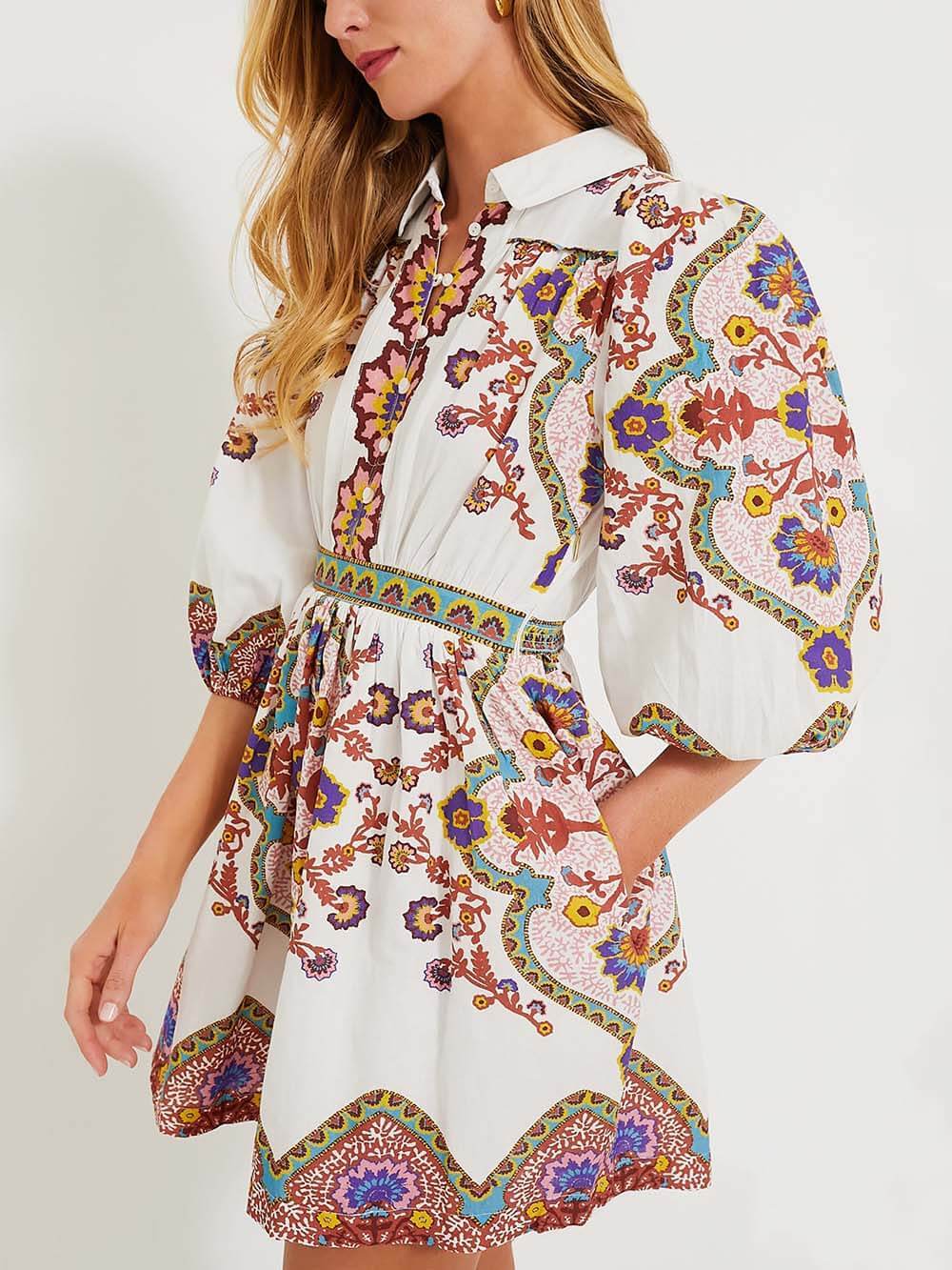 Print Unique Puff Sleeve Pocketed Shirt Mini Dress
