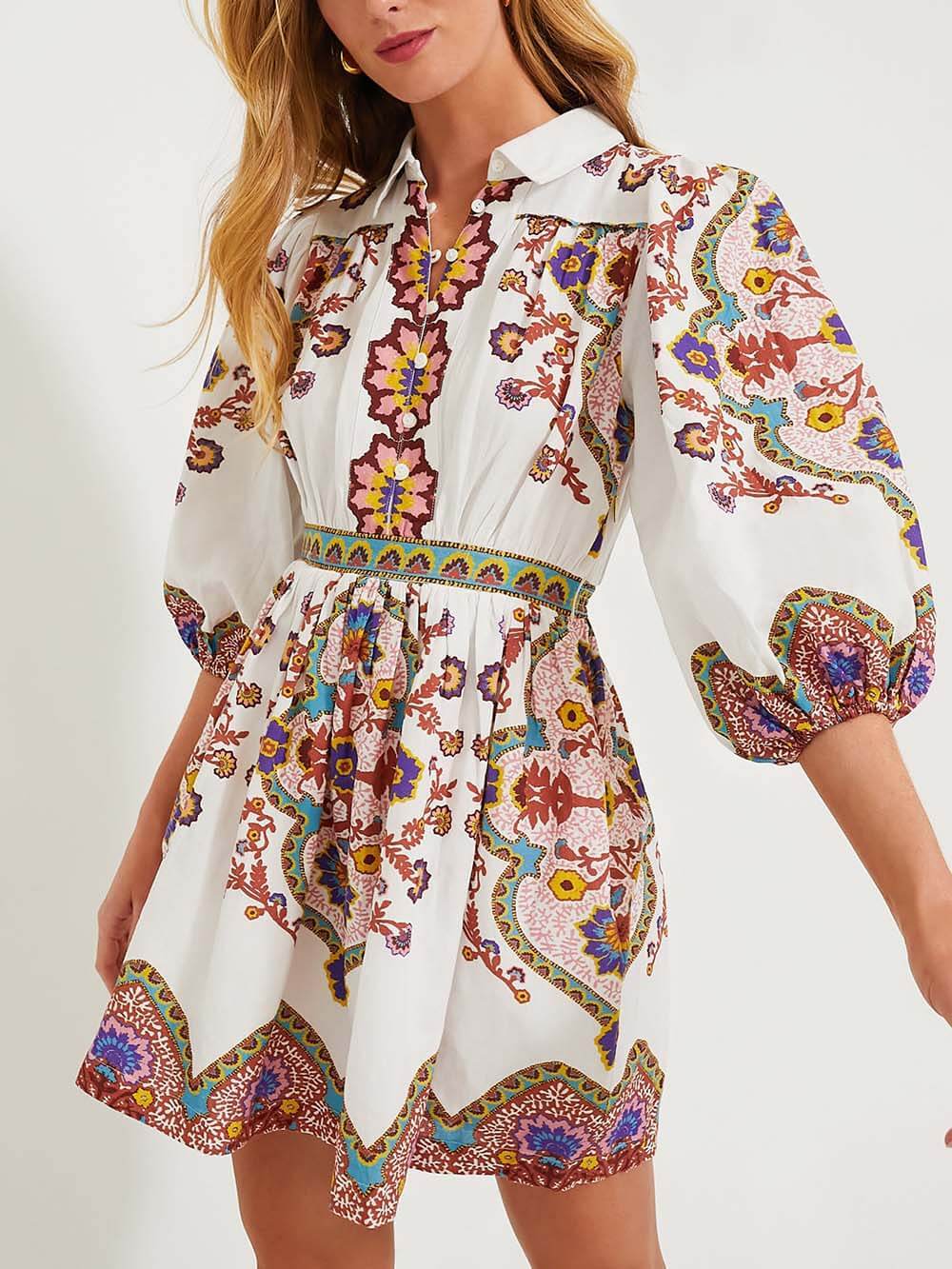 Print Unique Puff Sleeve Pocketed Shirt Mini Dress