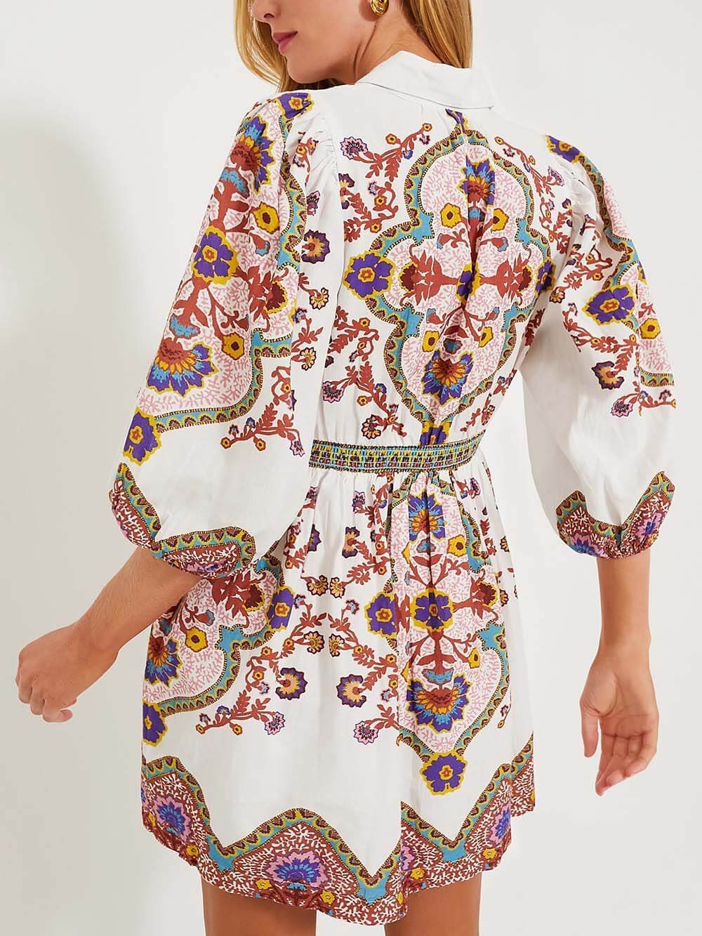 Print Unique Puff Sleeve Pocketed Shirt Mini Dress