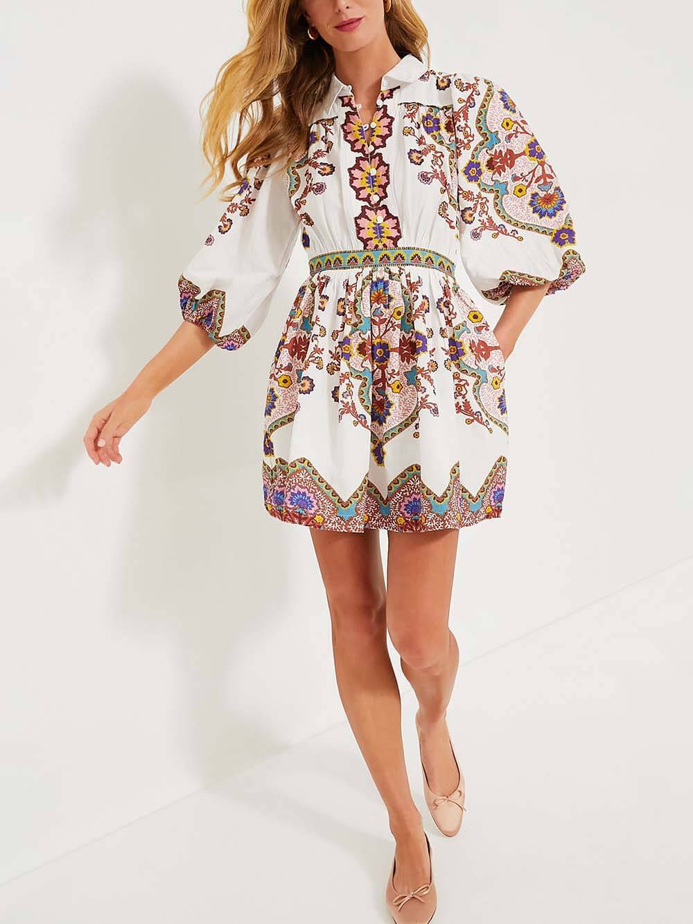 Print Unique Puff Sleeve Pocketed Shirt Mini Dress