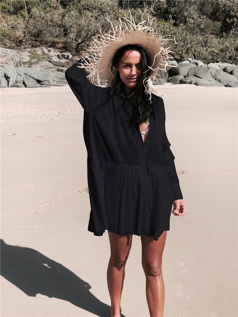 Cotton Dodie Pocketed Puff Sleeve Babydoll Dress Black