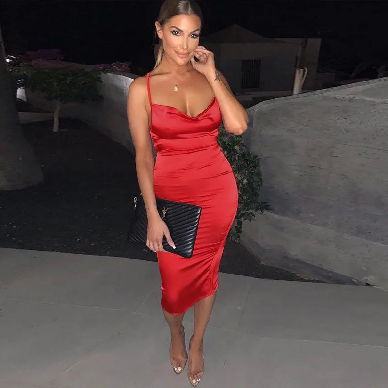 summer long satin backless Graceful hollow out Midi Dresses
